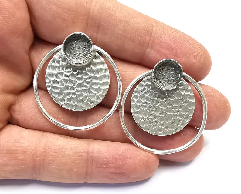 Hammered Disc Round Silver Earring Set Base Wire Antique Silver Plated Brass Earring Base (36x34mm) G27202