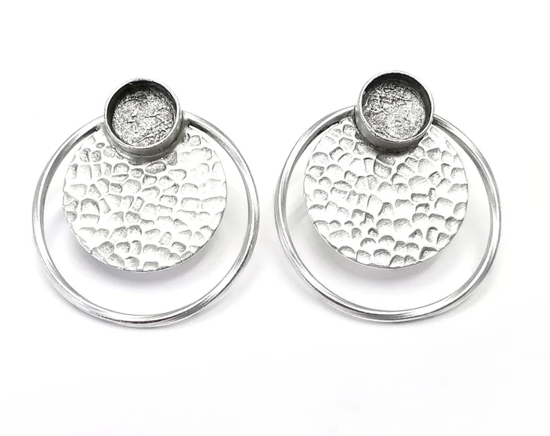Hammered Disc Round Silver Earring Set Base Wire Antique Silver Plated Brass Earring Base (36x34mm) G27202