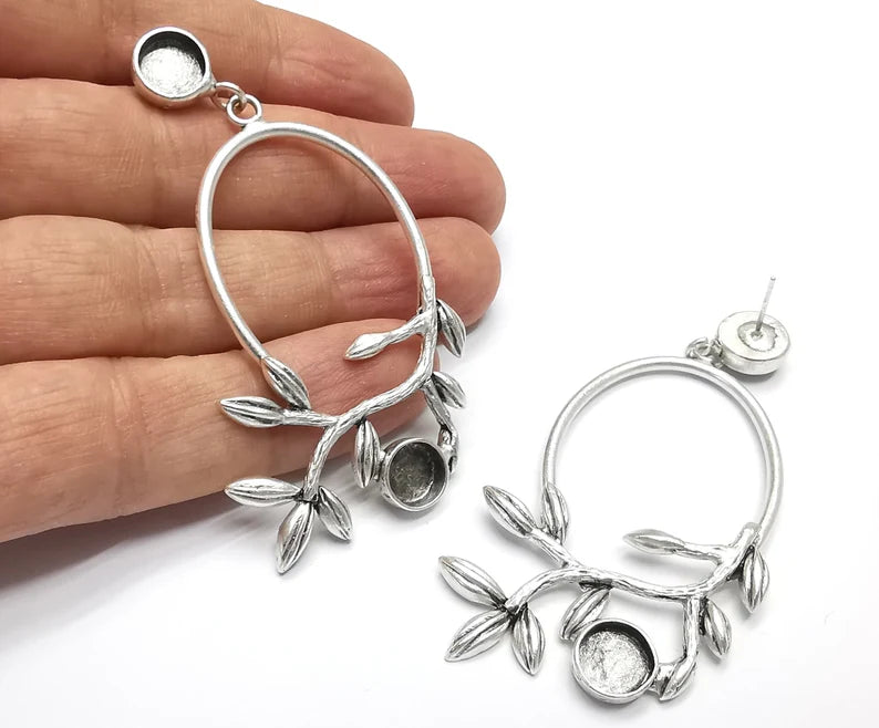 Leaf Branch Leaves Dangle Earring Set Base Wire Antique Silver Plated Brass (8mm Blanks ) G27203