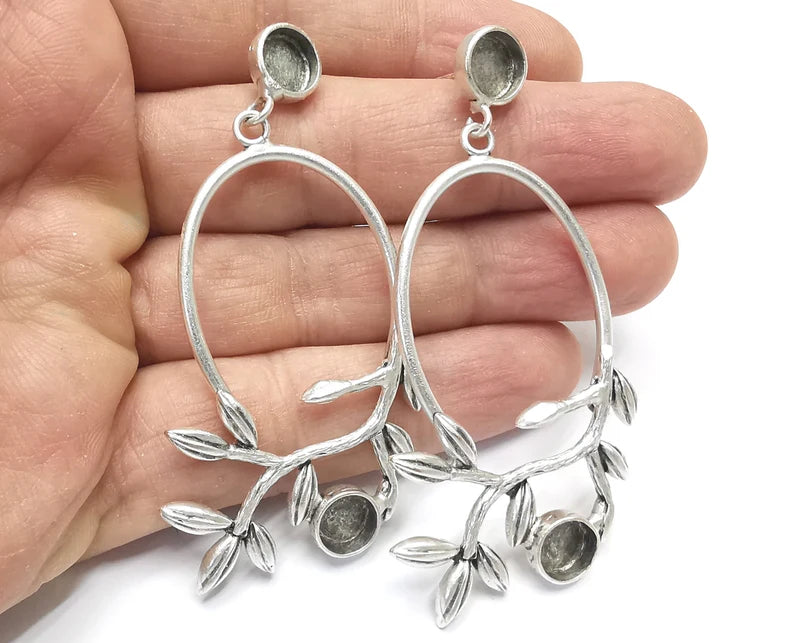 Leaf Branch Leaves Dangle Earring Set Base Wire Antique Silver Plated Brass (8mm Blanks ) G27203