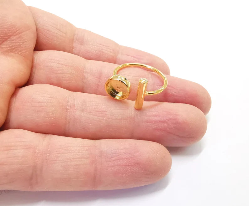 Rod Round Shiny Gold Ring Bezels Settings Resin Backs Cabochon Mounting Gold Plated Brass Adjustable Ring Base (8mm blank) G26964