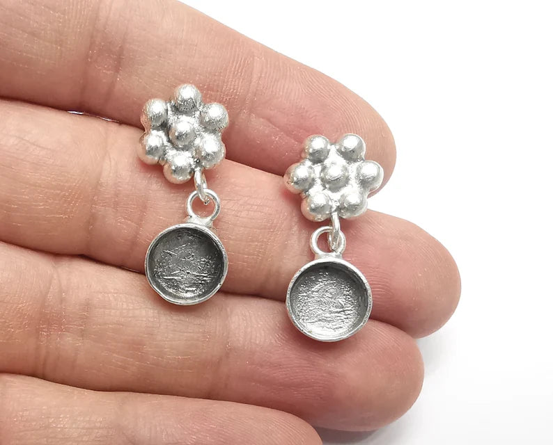 Flower Round Silver Earring Set Base Wire Antique Silver Plated Brass Earring Base (10mm blanks) G26965