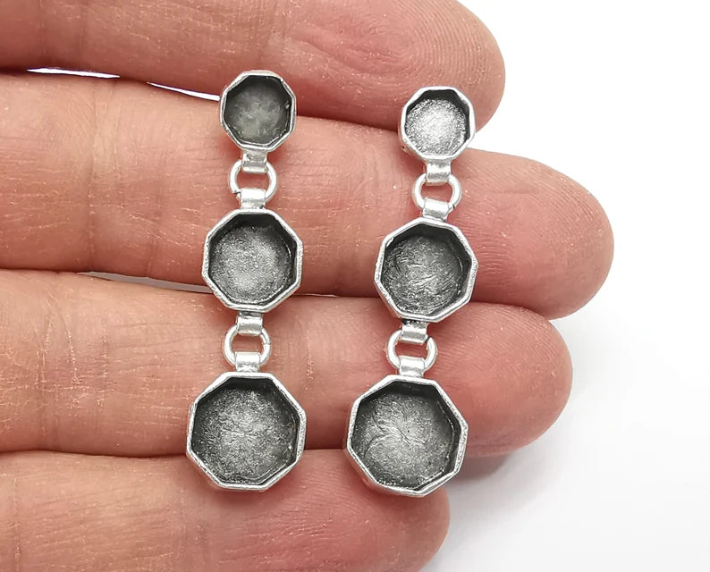 Octagon Dangle Earring Set ,Earring Base, Wire Antique Silver Plated Brass Earring Base G26970