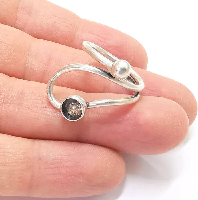 Wrap Ring Ball Head Silver Ring Setting Cabochon Mounting Adjustable Ring Base Bezel Antique Silver Plated Brass (6mm blank) G26973