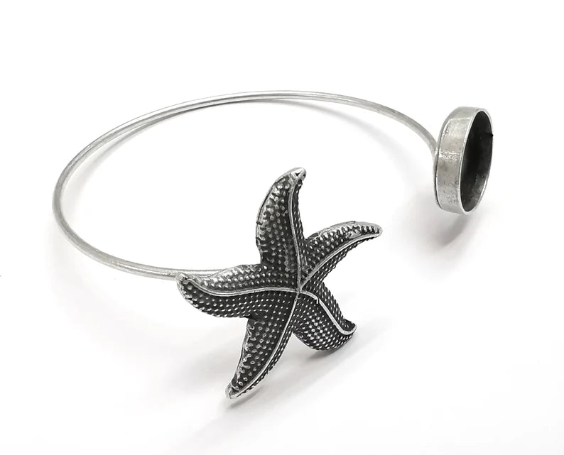 Starfish Bracelet Blanks, Cuff Bezels Cabochon Bases Resin Mountings, Cuff Frame, Antique Silver Plated Brass (14mm bezel) G26977