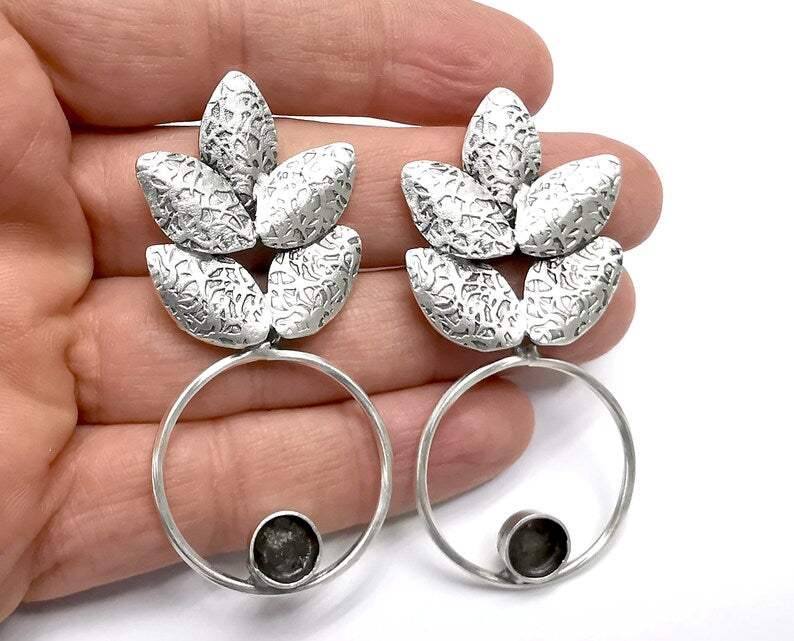 Leaf Silver Dangle Earring Set Base Wire Antique Silver Plated Brass Earring Base (67x32mm)( 8 mm blanks) G26978