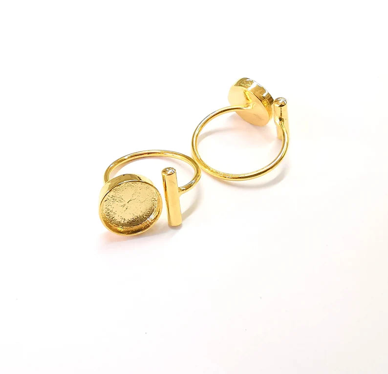 Shiny Gold Rod Bar Ring Bezels Settings Resin Backs Cabochon Mounting Gold Plated Brass Adjustable Ring Base (12mm blank) G26991