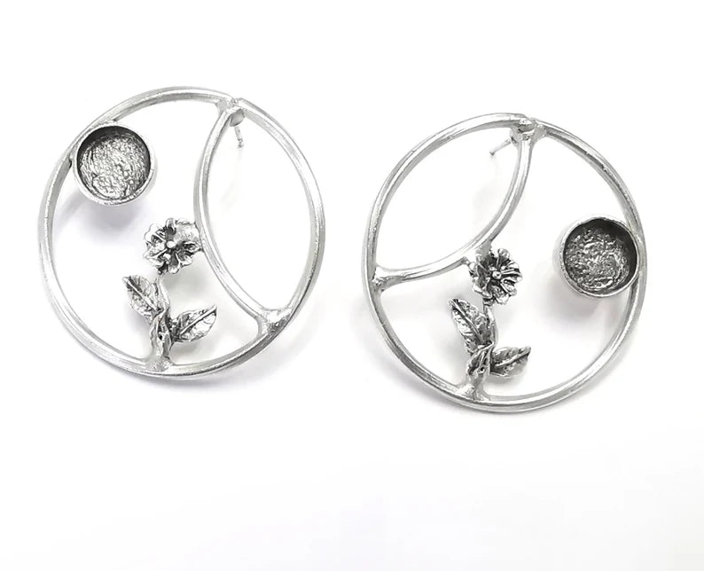 Flower Circle Hoop Earring Set Base Wire Antique Silver Plated Brass Earring Base (34mm) G27205