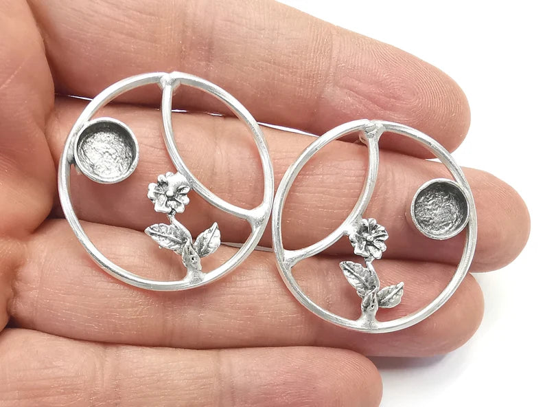 Flower Circle Hoop Earring Set Base Wire Antique Silver Plated Brass Earring Base (34mm) G27205