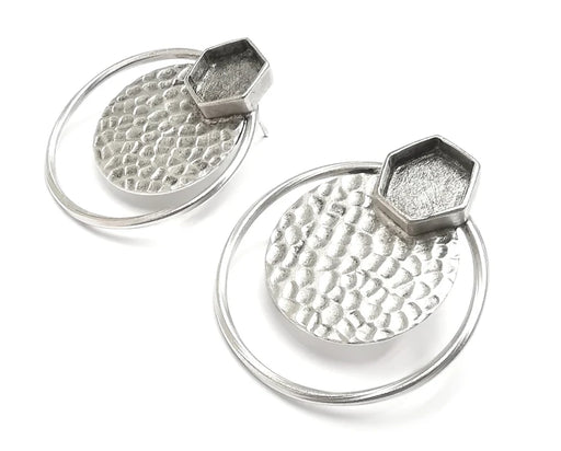 Hammered Disc Hexagonal Silver Earring Set Base Wire Antique Silver Plated Brass Earring Base (36x34mm) G27207