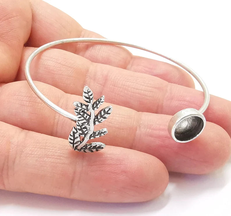 Bamboo Leafs Bracelet Blank Cuff Bezel Cabochon Base Resin Mountings Adjustable Antique Silver Plated Brass (8mm Blanks) G26996