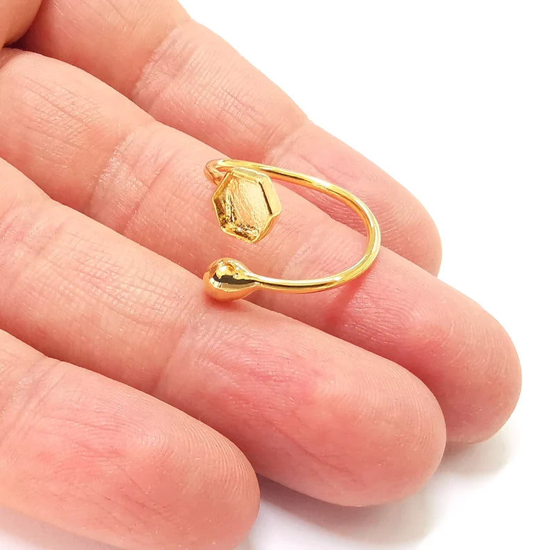 Ball Head Hexagonal Shiny Gold Ring Bezels Settings Resin Backs Cabochon Mounting Gold Plated Brass Adjustable Ring Base (6mm blank) G27000