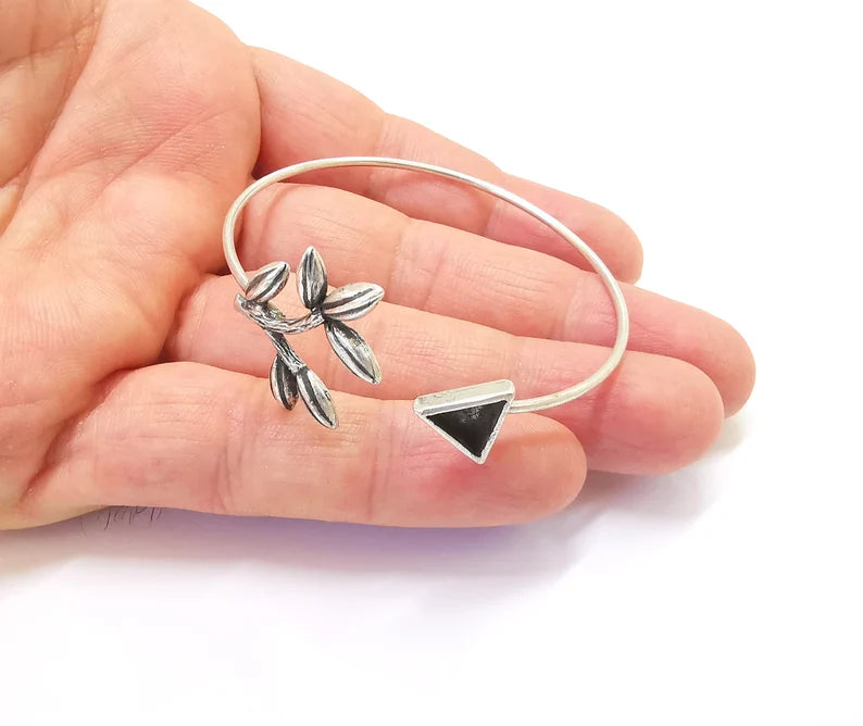 Branch Leaf Silver Bracelet Triangle Blank Resin Cuff Dry Bezel Cabochon Base Adjustable Antique Silver Plated Brass (8mm Blank) G27004