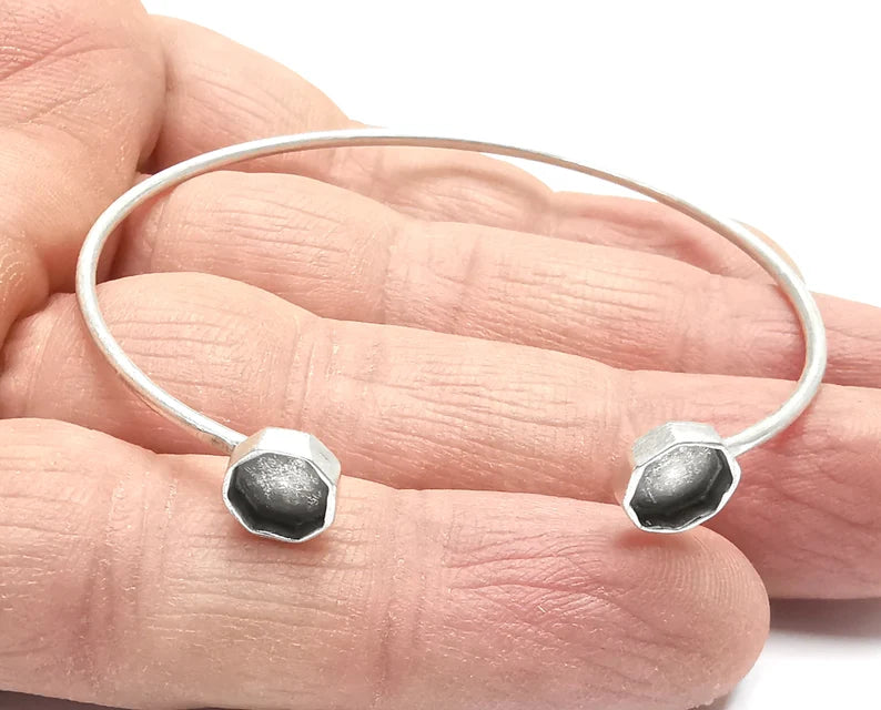 Silver Octagon Bracelet Blank Resin Cuff Dry Bezel Cabochon Base Adjustable Antique Silver Plated Brass (6mm Blanks) G27005