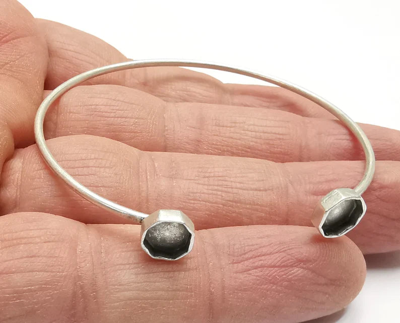 Silver Octagon Bracelet Blank Resin Cuff Dry Bezel Cabochon Base Adjustable Antique Silver Plated Brass (6mm Blanks) G27005