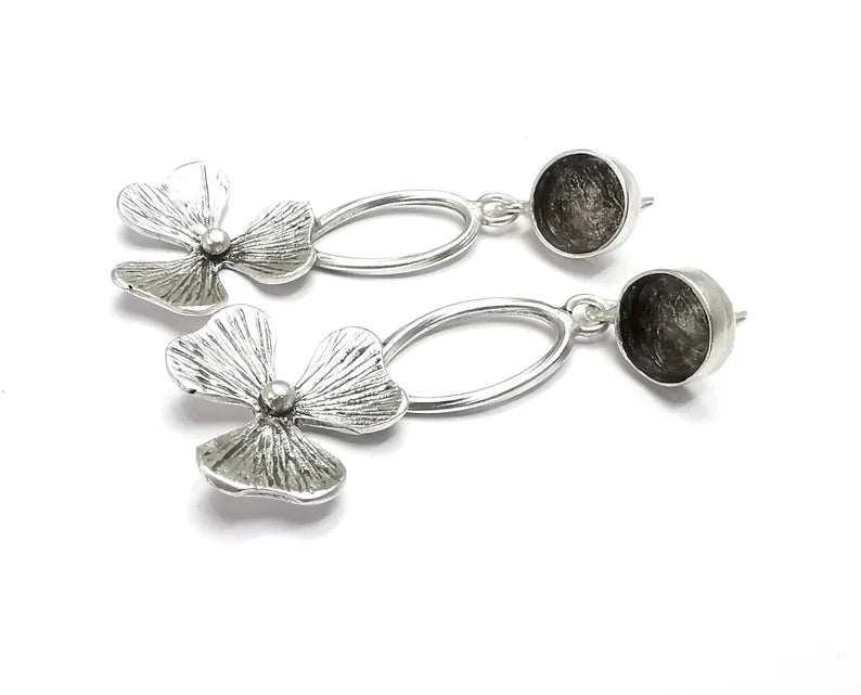 Flower Dangle Round Silver Earring Set Base Wire Antique Silver Plated Brass Earring Base (10mm blank) G27008