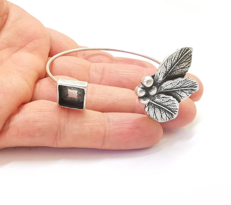 Silver Square Leafs Bracelet Blank Resin Cuff Dry Bezel Cabochon Base Adjustable Antique Silver Plated Brass (11mm Blanks) G27012