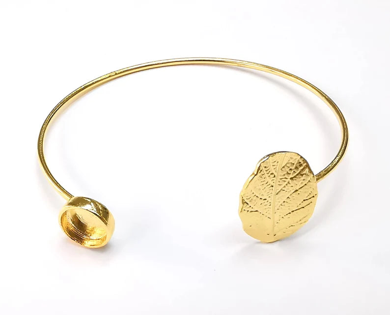Veined Leaf Bracelet Base Blanks Cuff Blanks Adjustable Bracelet Shiny Gold Plated Brass (8mm Blank) G27011