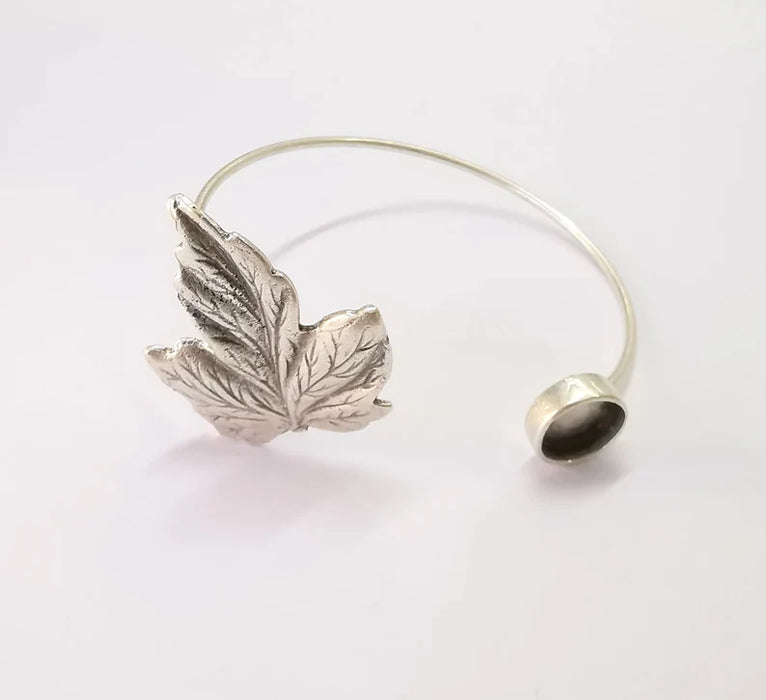 Leaf Bracelet Brass Cuff Blank Bezel Glass Cabochon Base Adjustable Antique Silver Plated Brass (10mm Blank ) G27015