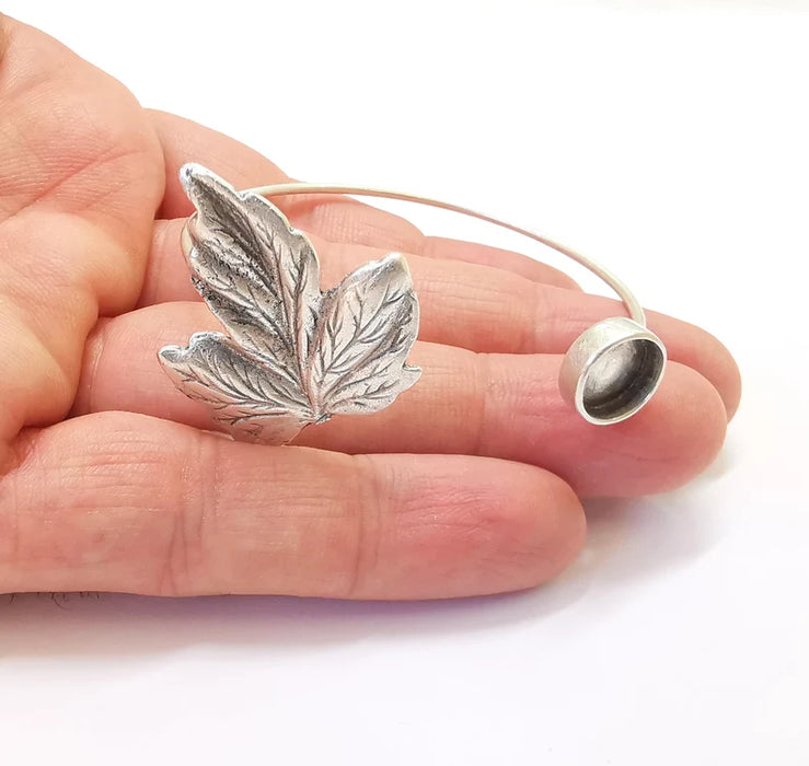 Leaf Bracelet Brass Cuff Blank Bezel Glass Cabochon Base Adjustable Antique Silver Plated Brass (10mm Blank ) G27015