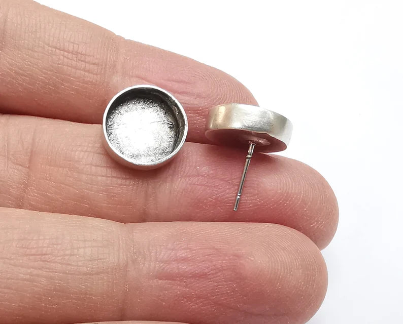Round Silver Earring Set Base Wire Antique Silver Plated Brass Earring Base (12mm blank) G27017