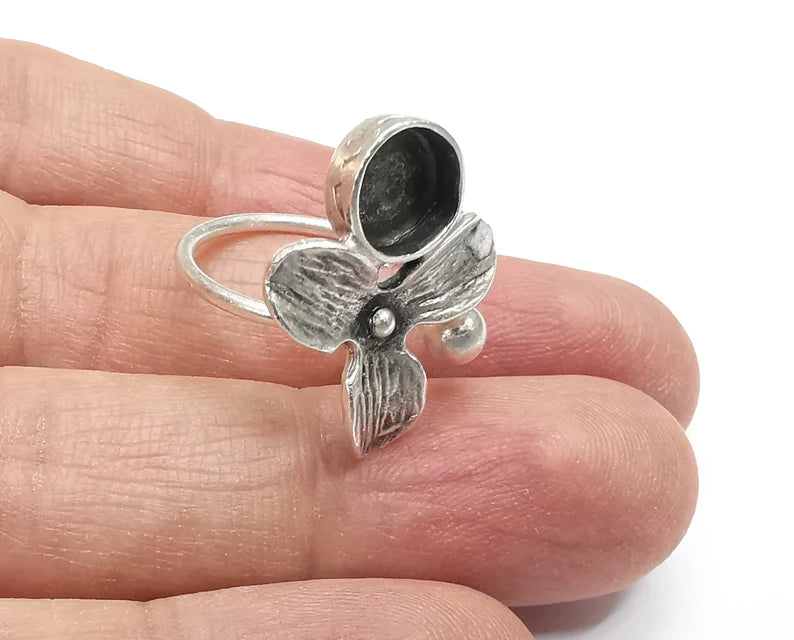 Flower Ball Head Silver Ring Setting Blank Cabochon Mounting Adjustable Ring Base Bezel Antique Silver Plated Brass (8 Blank) G27018