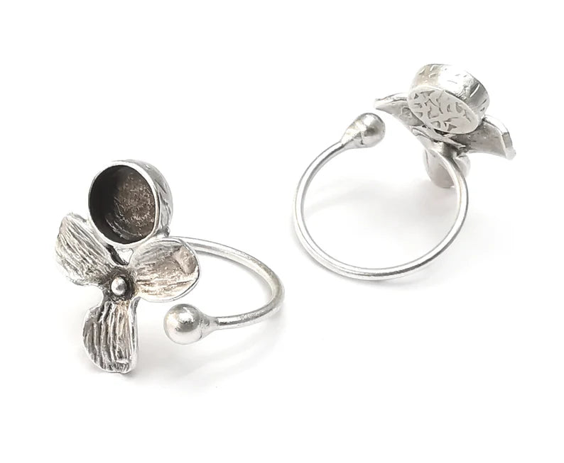 Flower Ball Head Silver Ring Setting Blank Cabochon Mounting Adjustable Ring Base Bezel Antique Silver Plated Brass (8 Blank) G27018