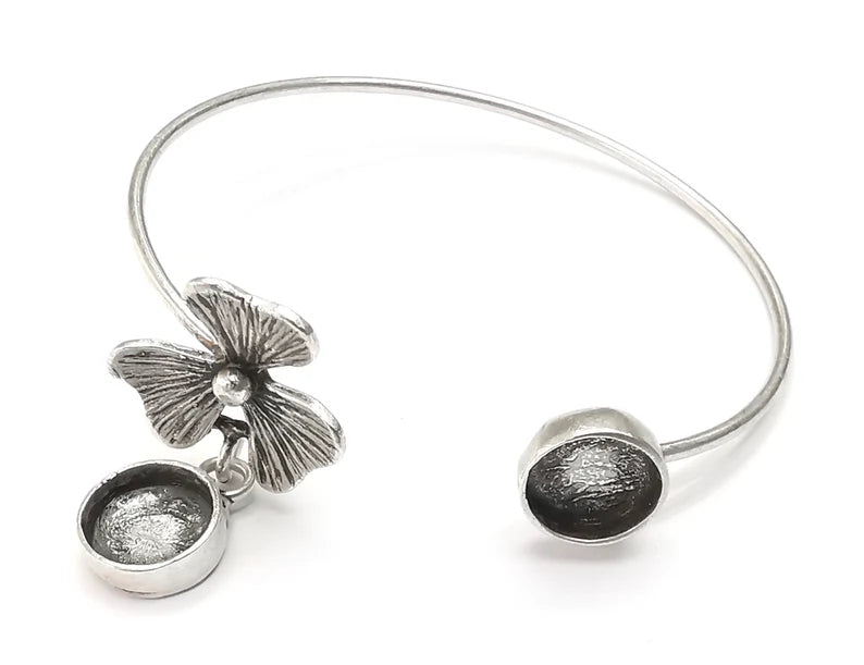 Flower Dangle Bracelet Blanks, Cuff Bezels Cabochon Bases Resin Mountings, Cuff Frame, Antique Silver Plated Brass (10mm bezel blank) G27019