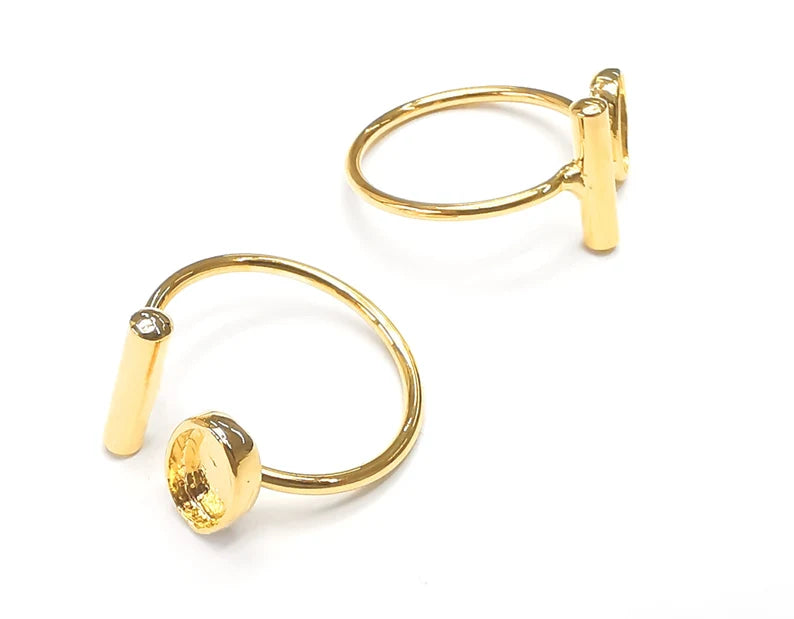 Rod Oval Shiny Gold Ring Bezels Settings Resin Backs Cabochon Mounting Gold Plated Brass Adjustable Ring Base (9x6mm blank) G27021
