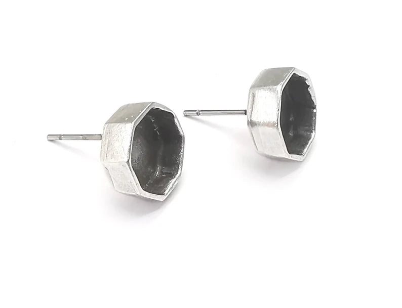 Octagon Silver Earring Set Base Wire Antique Silver Plated Brass Earring Base (8mm blanks) G27024