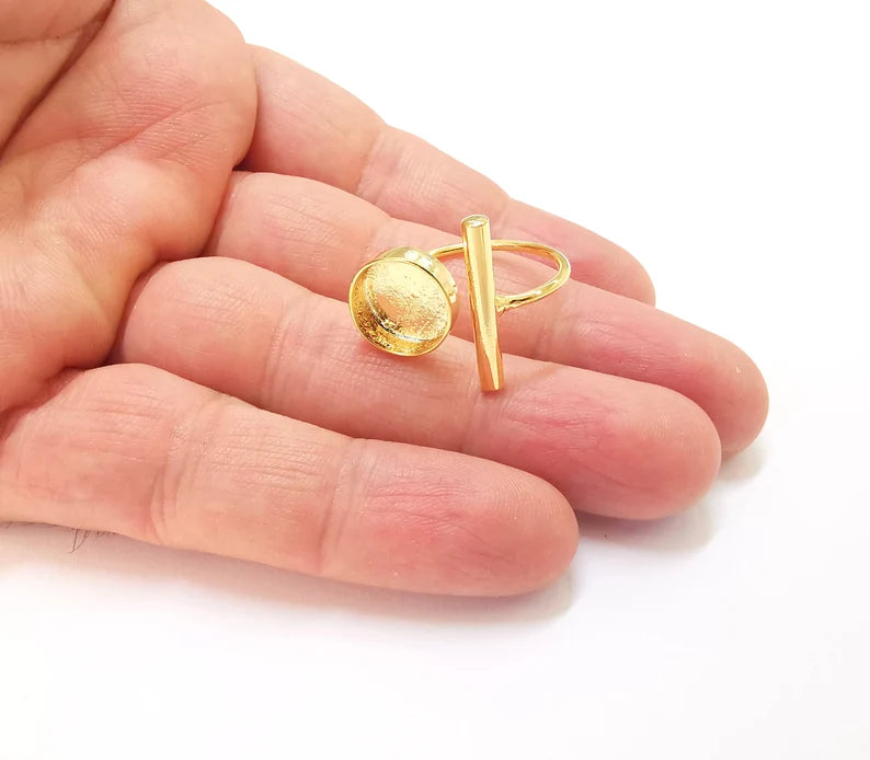 Shiny Gold Rod Bar Ring Bezels Settings Resin Backs Cabochon Mounting Gold Plated Brass Adjustable Ring Base (12mm blank) G27027