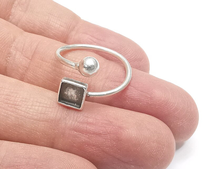 Wrap Ball Square Blank Silver Ring Setting Cabochon Mounting Adjustable Ring Base Bezel Antique Silver Plated Brass (6mm blank) G27028