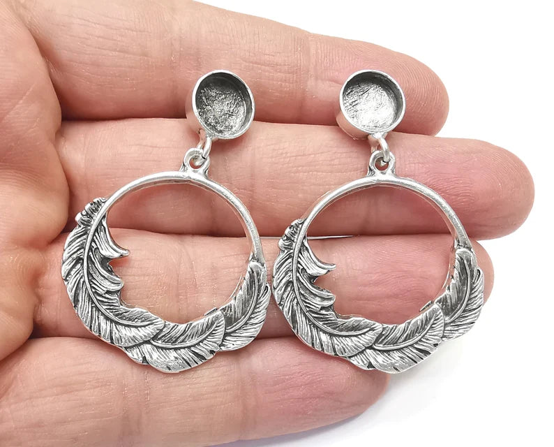 Feather Dangle Earring Set Base Wire Antique Silver Plated Brass Earring Base (10mm blanks) G27039