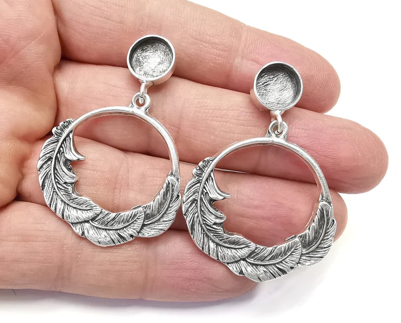 Feather Dangle Earring Set Base Wire Antique Silver Plated Brass Earring Base (10mm blanks) G27039