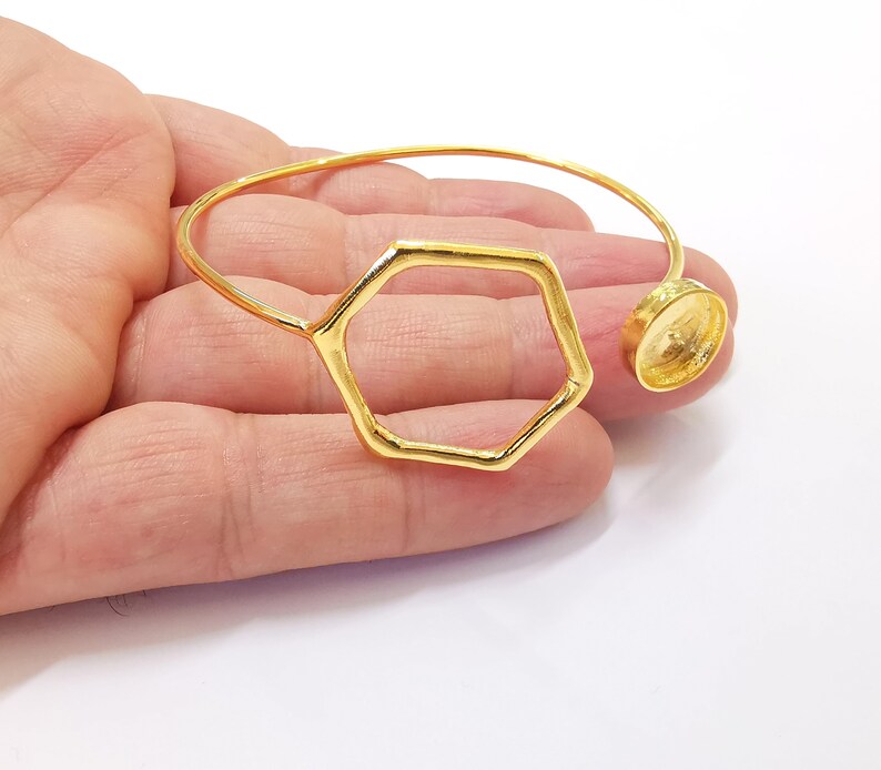 Hexagonal Bracelet Brass Cuff Blank Bezel Cabochon Base Adjustable Shiny Gold Plated Brass (12mm blank) G27041
