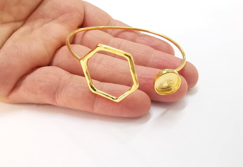 Hexagonal Bracelet Brass Cuff Blank Bezel Cabochon Base Adjustable Shiny Gold Plated Brass (12mm blank) G27041