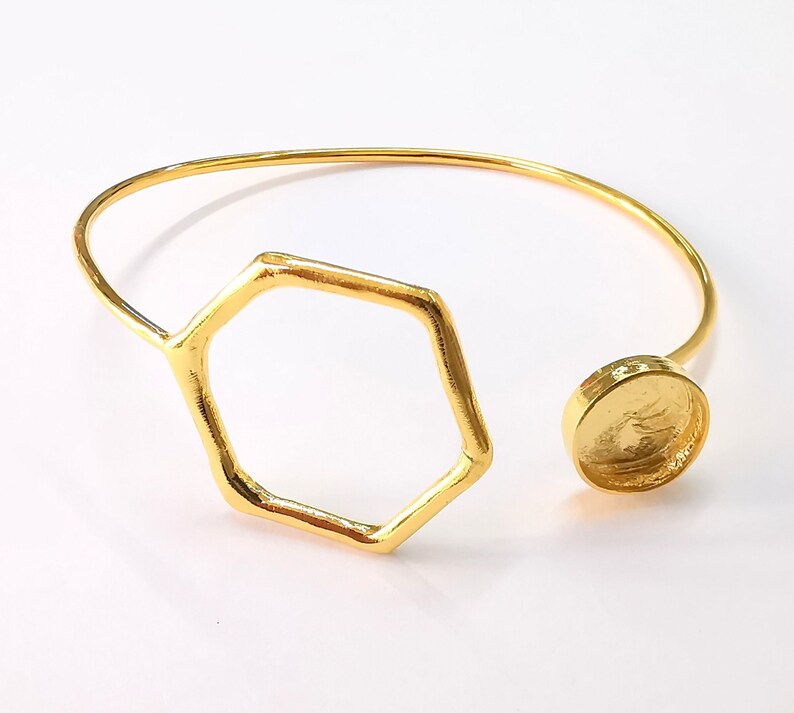 Hexagonal Bracelet Brass Cuff Blank Bezel Cabochon Base Adjustable Shiny Gold Plated Brass (12mm blank) G27041