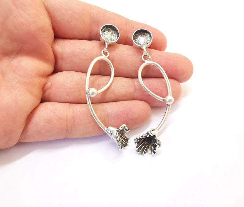 Dangle Leaf Flower Silver Earring Set Base Wire Antique Silver Plated Brass Earring Base (10mm blank) G27044