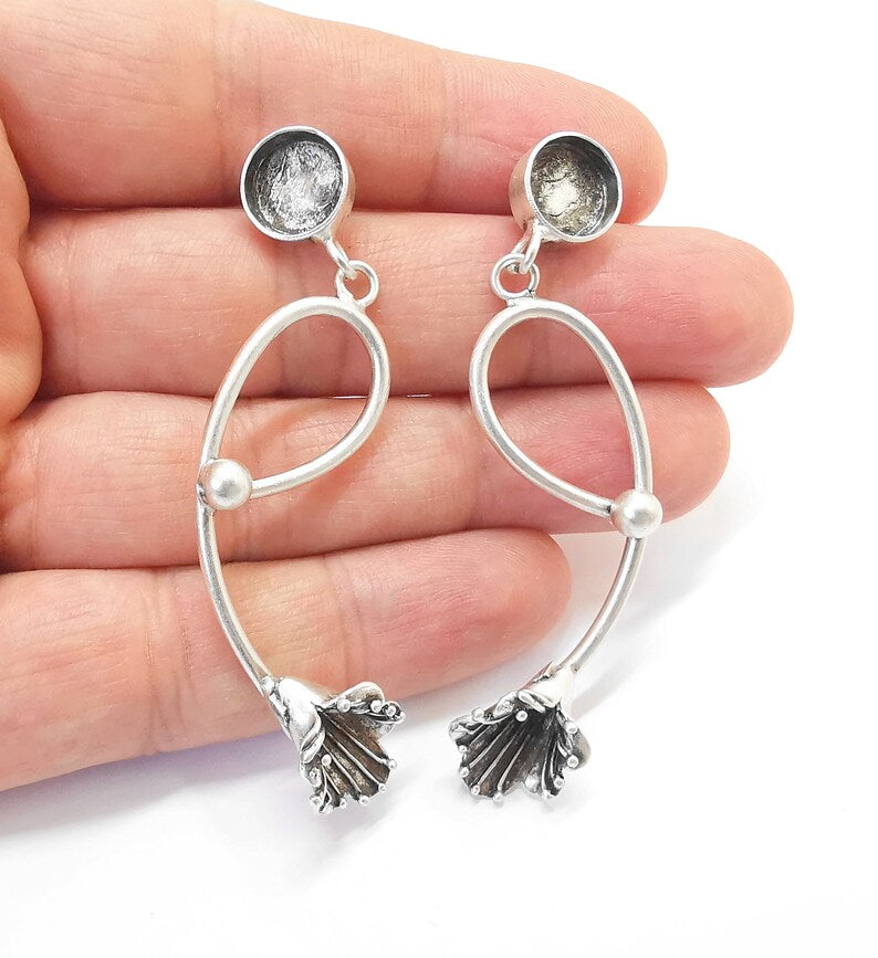 Dangle Leaf Flower Silver Earring Set Base Wire Antique Silver Plated Brass Earring Base (10mm blank) G27044