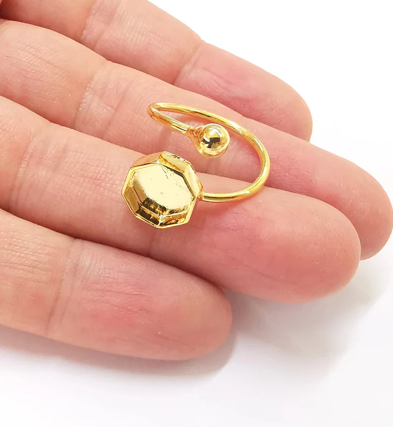 Shiny Gold Ball Head Octagon Ring Bezels Settings Resin Backs Cabochon Mounting Gold Plated Brass Adjustable Ring Base (10mm blank) G27047
