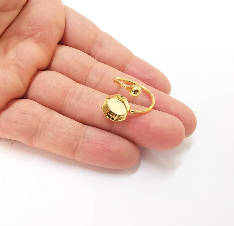 Shiny Gold Ball Head Octagon Ring Bezels Settings Resin Backs Cabochon Mounting Gold Plated Brass Adjustable Ring Base (10mm blank) G27047