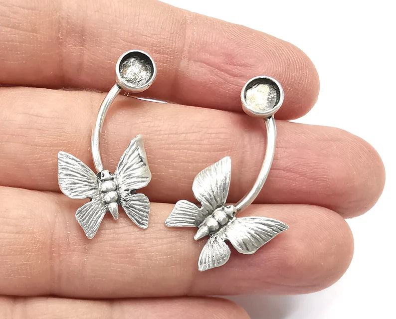 Butterfly Silver Earring Set Base Wire Antique Silver Plated Brass Earring Base (6mm) G27056