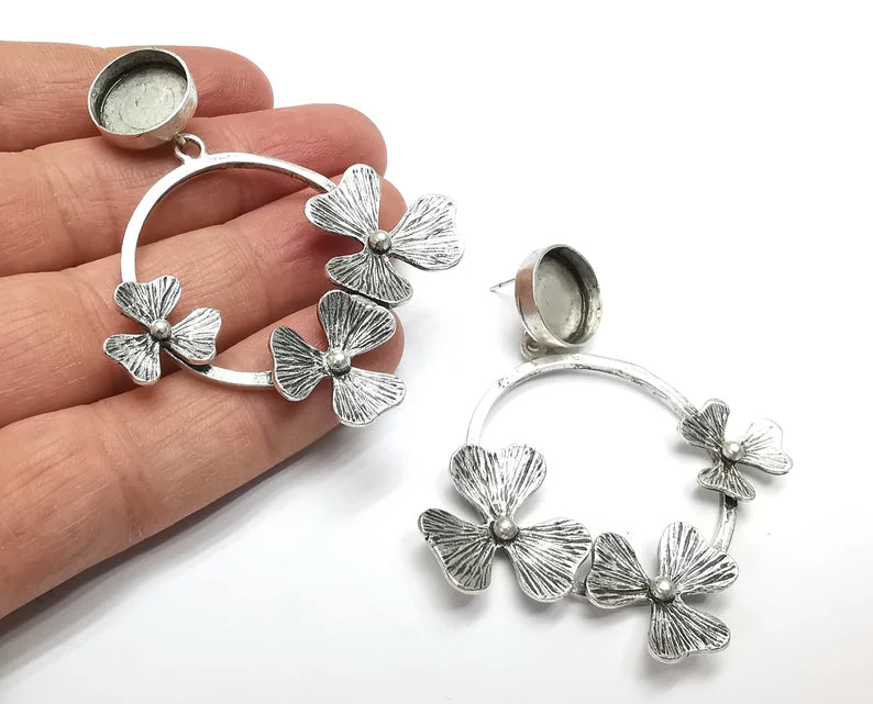 Flower Dangle Round Silver Earring Set Base Wire Antique Silver Plated Brass Earring Base (14mm blank) G27062