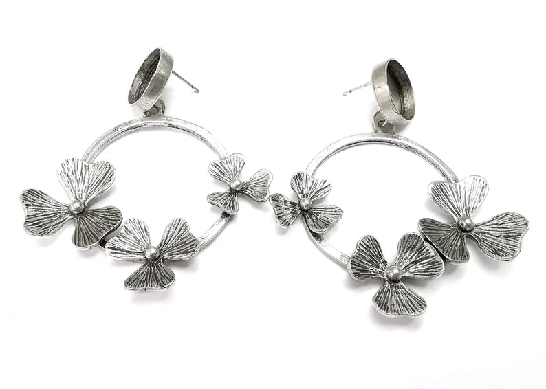 Flower Dangle Round Silver Earring Set Base Wire Antique Silver Plated Brass Earring Base (14mm blank) G27062