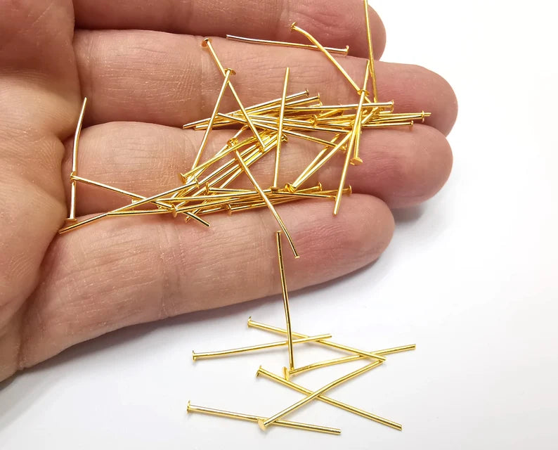 10 Gold Head Pins Shiny Gold Plated Brass pin (25 mm), Findings G27063