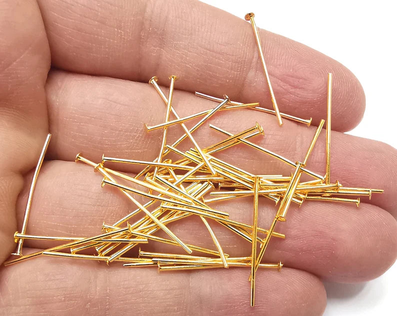 10 Gold Head Pins Shiny Gold Plated Brass pin (25 mm), Findings G27063