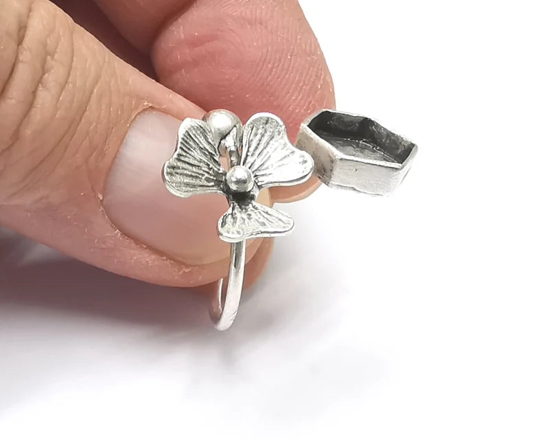Flower Ball Head Silver Ring Setting Blank Cabochon Mounting Adjustable Ring Base Bezel Antique Silver Plated Brass (10 Blank) G27064