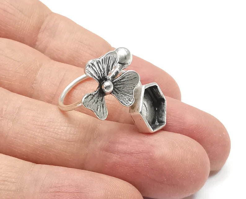 Flower Ball Head Silver Ring Setting Blank Cabochon Mounting Adjustable Ring Base Bezel Antique Silver Plated Brass (10 Blank) G27064