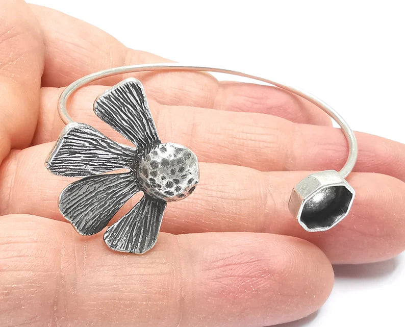 Silver Flower Bracelet Blank Cuff Bezel Cabochon Base Resin Mountings Adjustable Antique Silver Plated Brass (8mm Blank ) G27069