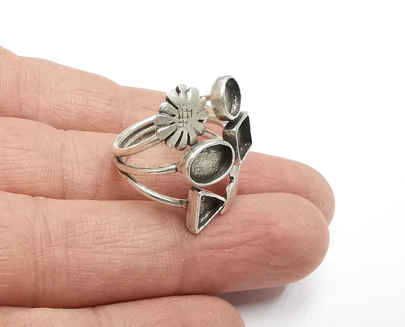 Flower Butterfly Silver Ring Blank Base Bezel Settings Cabochon Mountings Adjustable , Antique Silver Brass (8x6mm and 6 blanks) G27211